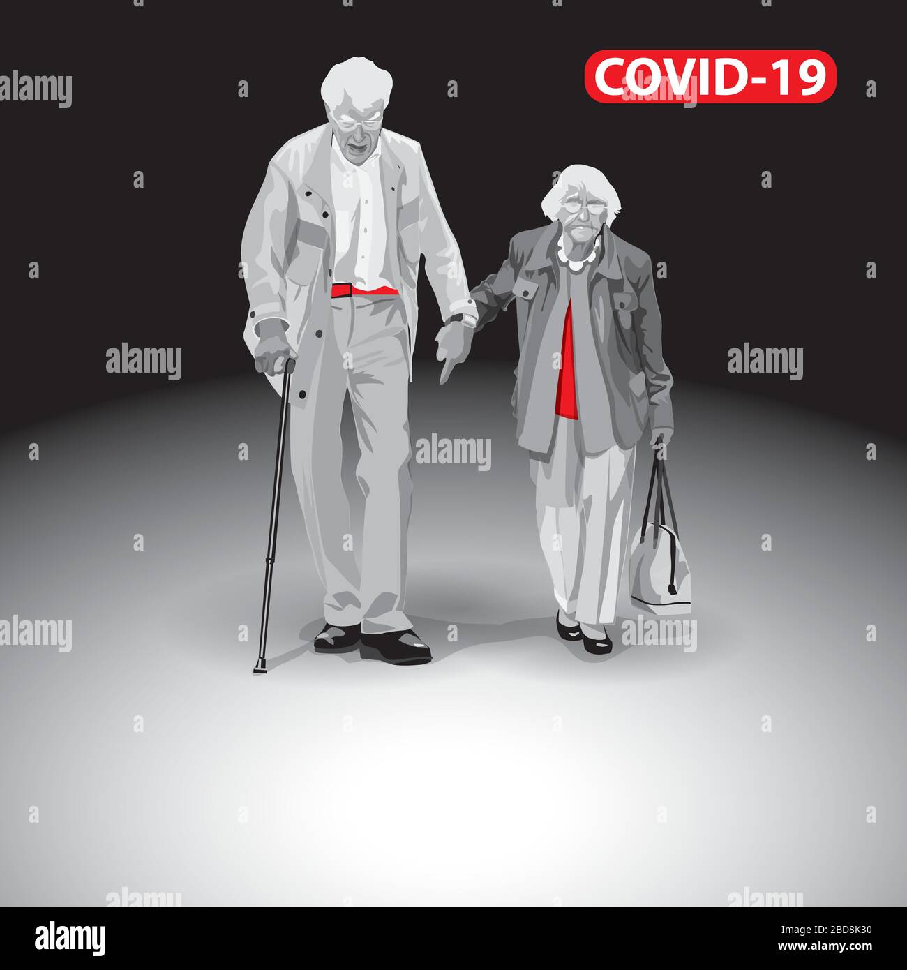 Personnes âgées à risque. Coronavirus COVID-19. Principaux éléments visuels de la pandémie 2019-nCoV. Quelques personnes âgées. Les gens vont tenir les mains. Le public cible pour moi Illustration de Vecteur