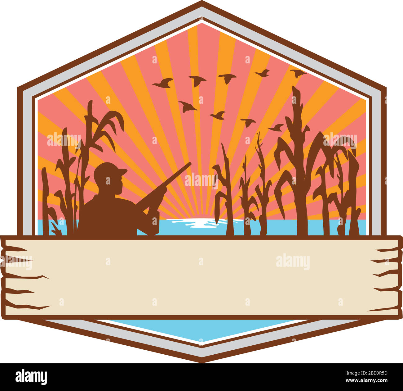 Illustration rétro d'un chasseur de canards ou d'oiseaux avec fusil dans le champ de maïs inondé avec des tiges de maïs à l'intérieur de l'écusson, du bouclier ou de l'insigne avec le coup de soleil sur Illustration de Vecteur