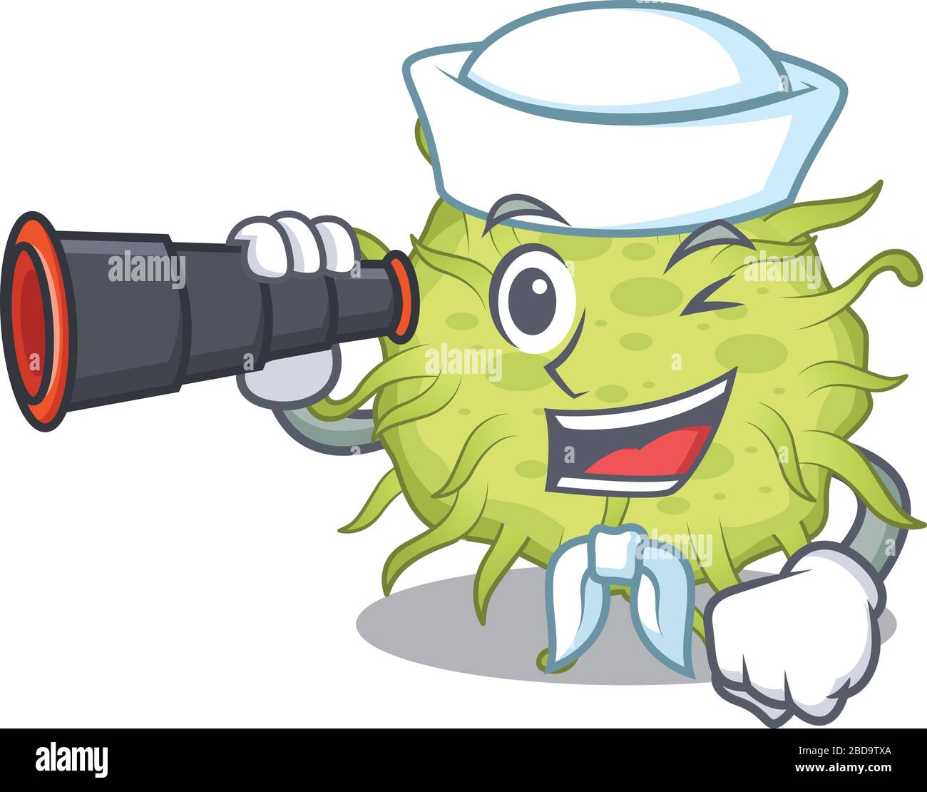Une icône de dessin animé de bactéries coccus Sailor avec binoculaire Illustration de Vecteur