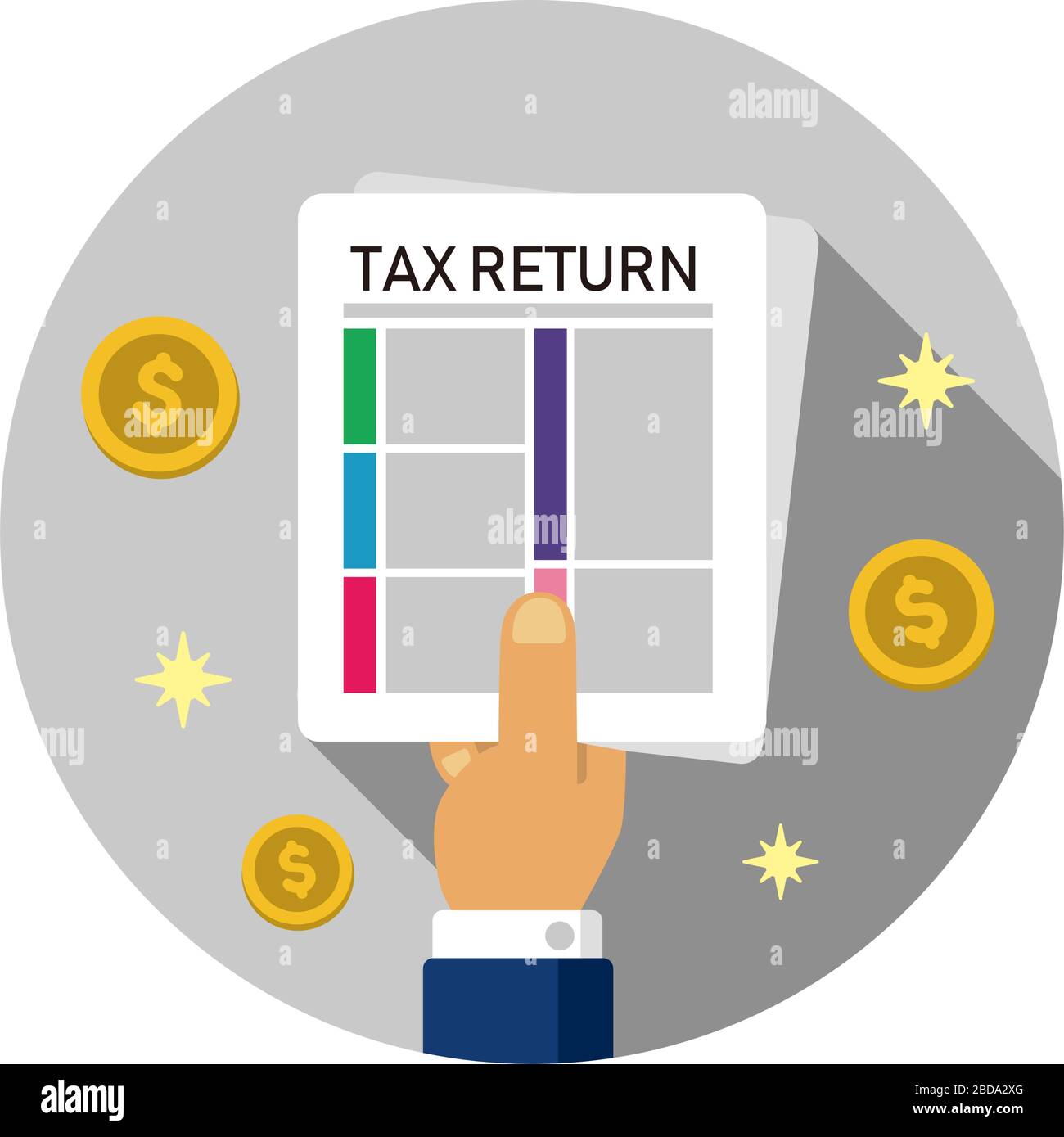 Déclaration de revenus, soumettre un document de taxe, formulaire de taxe / illustration de bannière cirlce ( dollar américain ) Illustration de Vecteur