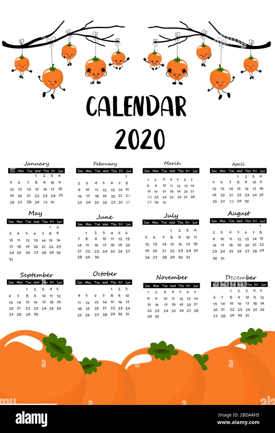 un calendrier ou un planificateur de page a fixé 2020 avec des fruits persimmon pour les enfants. style coréen. Peut être utilisé pour imprimer des graphiques. Illustration de Vecteur