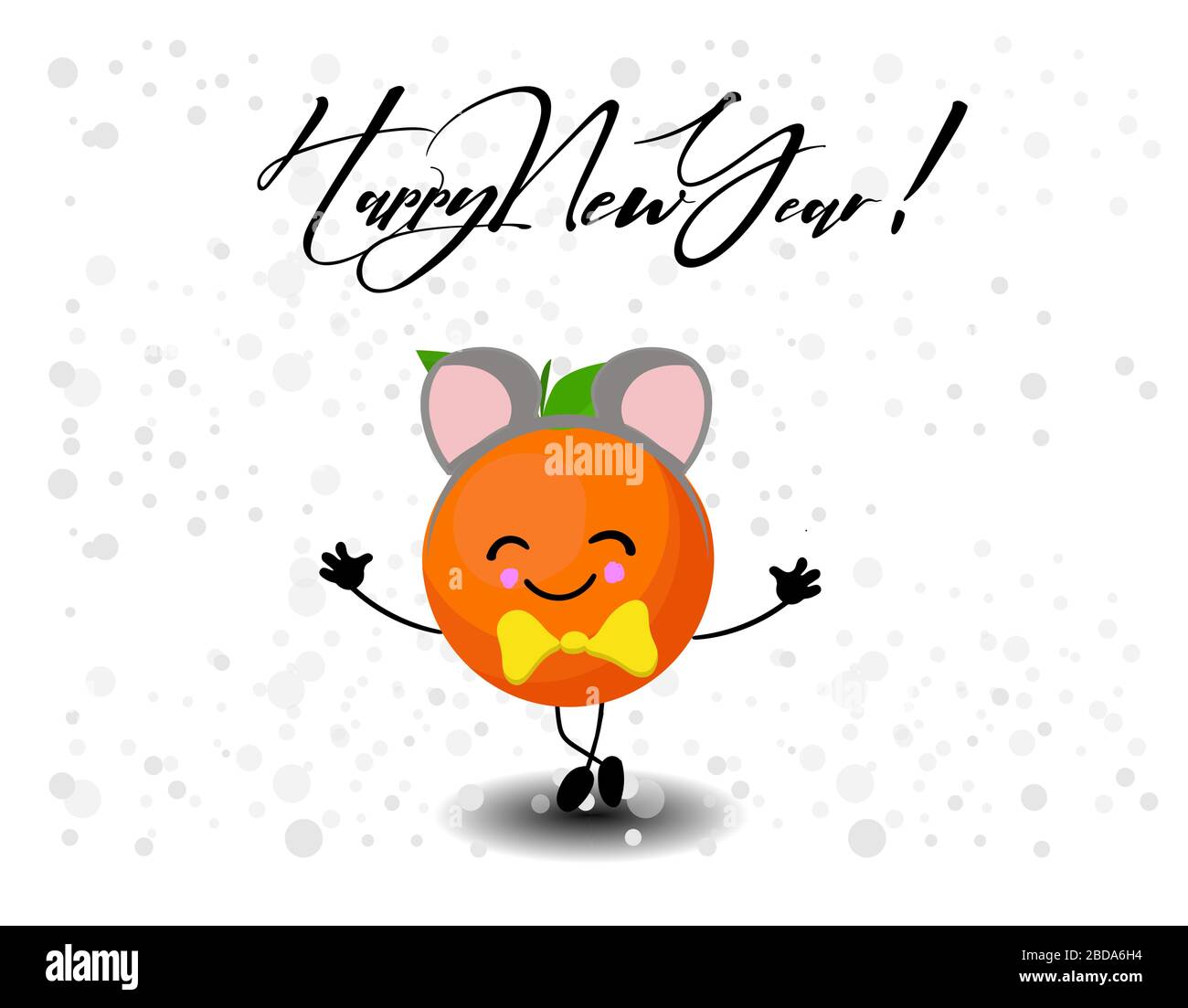 Carte du nouvel an. Orange de fruits en costume de rat. Personnage de dessin animé. Neige sur fond bleu. Illustration pour enfants. Illustration de Vecteur