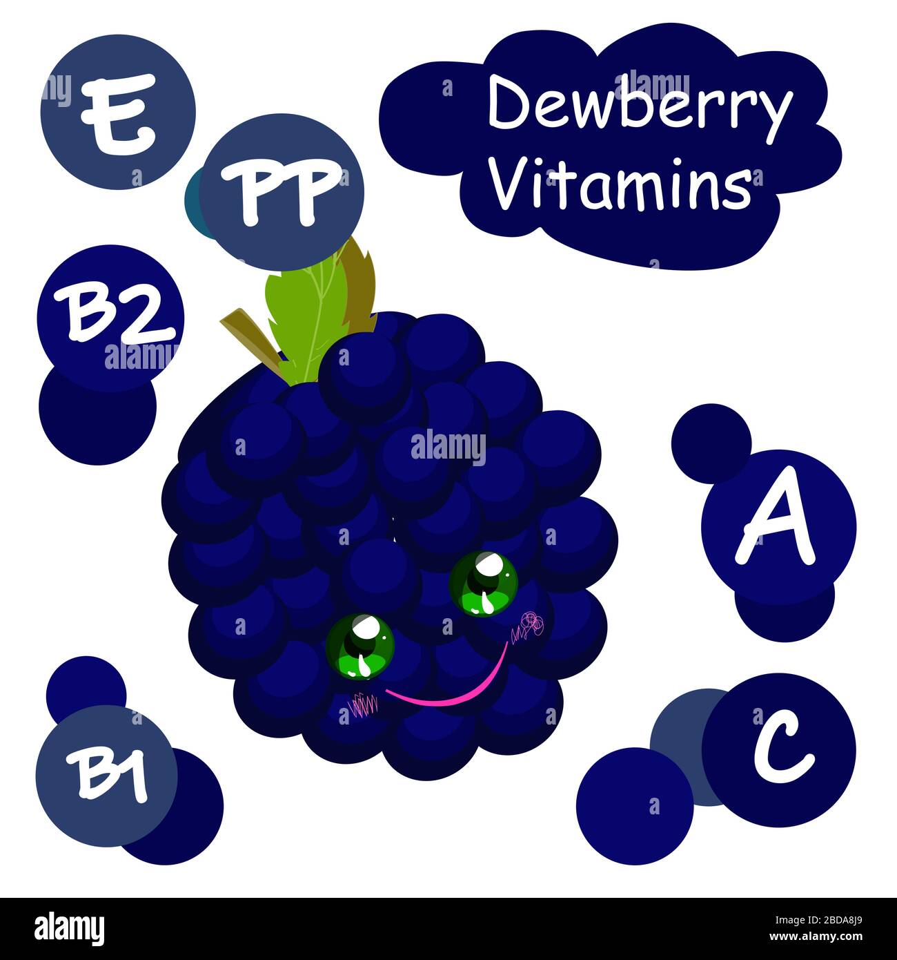 Mignon personnage de fruit de dessin animé. Vitamines dans les baies. Framboises noires. Illustration pour enfants... Illustration de Vecteur