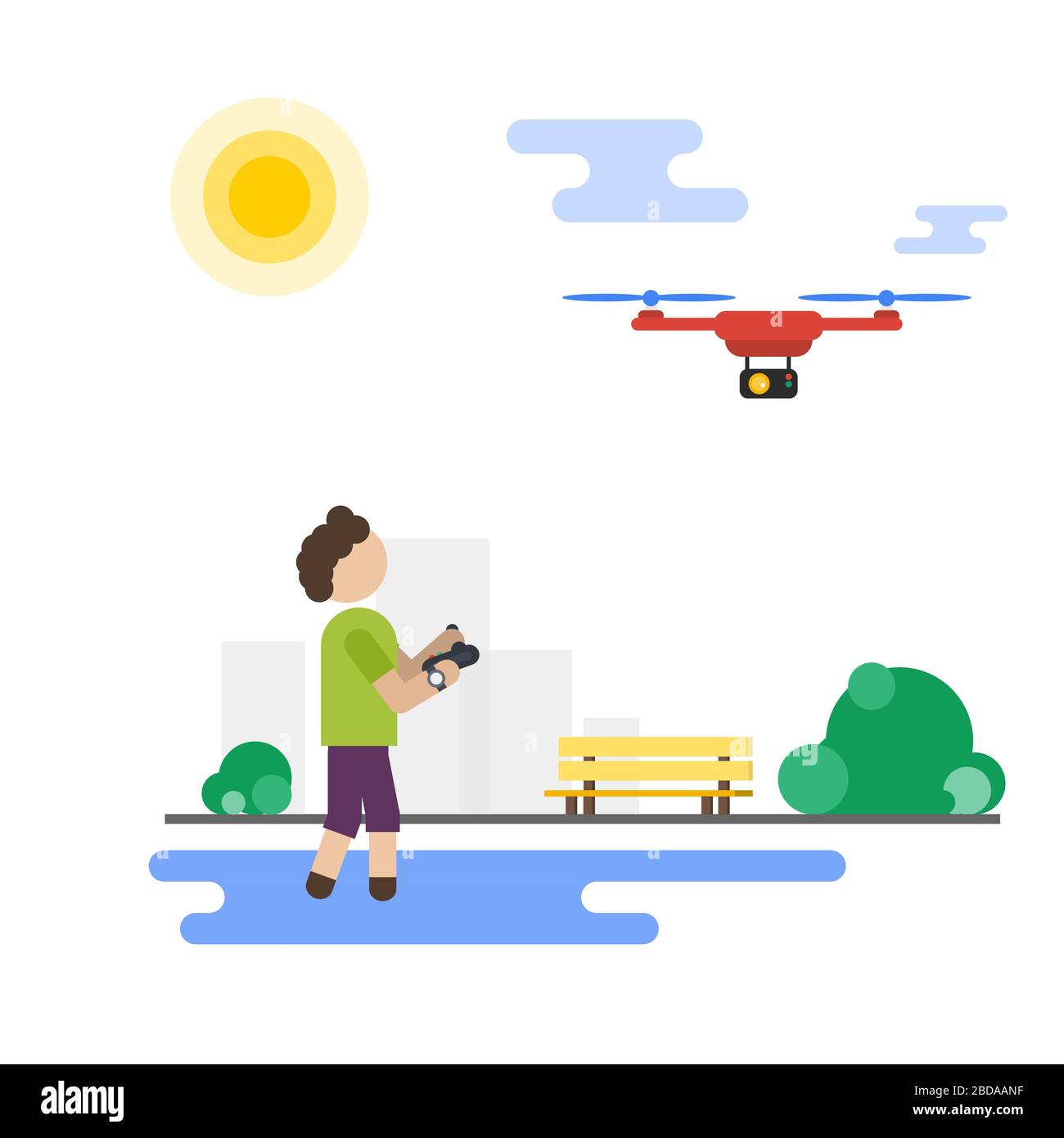 Un garçon plat jouant avec un drone volant dans le parc Illustration de Vecteur