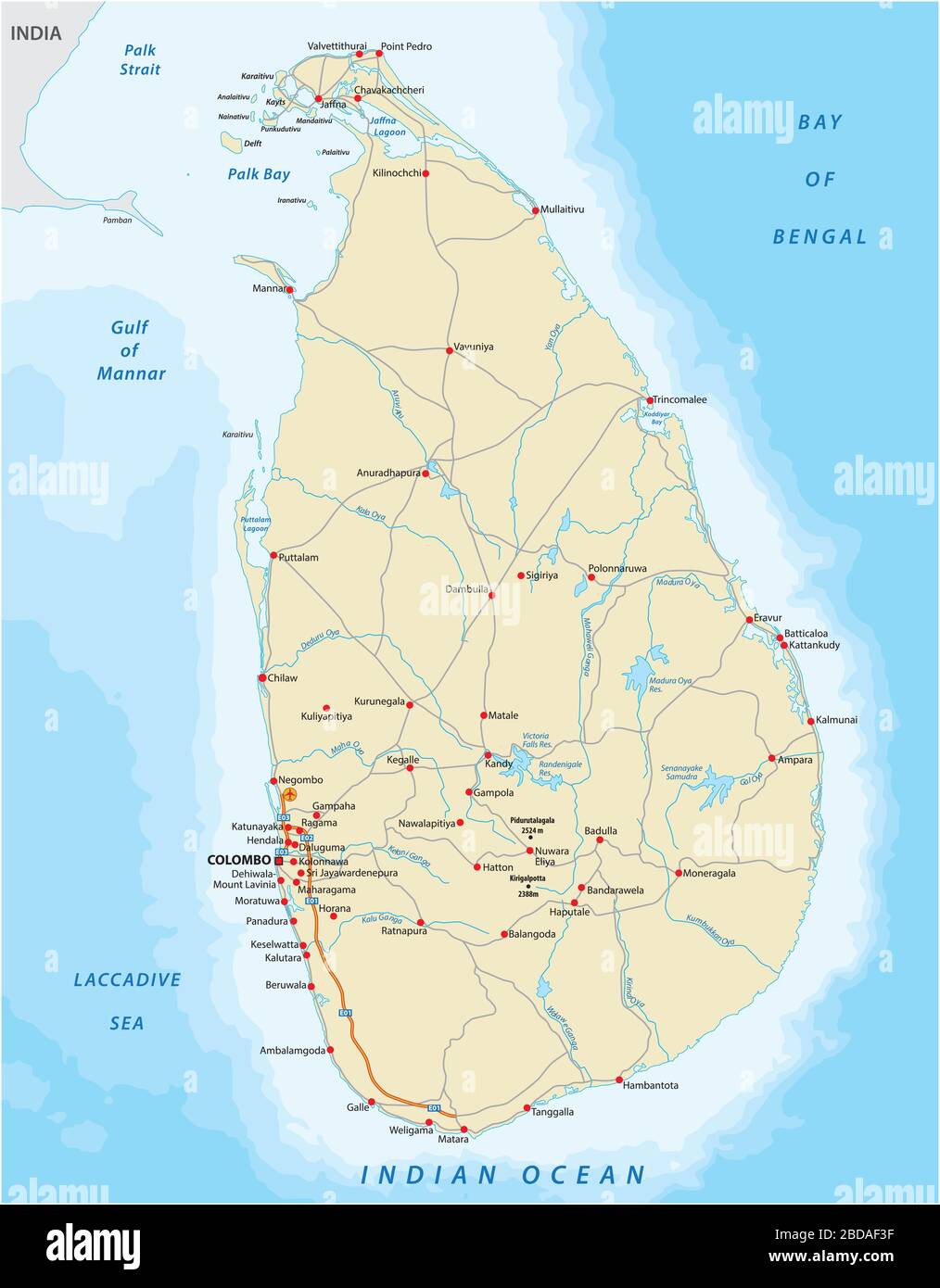 Carte des couleurs vectorielles du pays du Sri Lanka avec des villes et des routes importantes Illustration de Vecteur