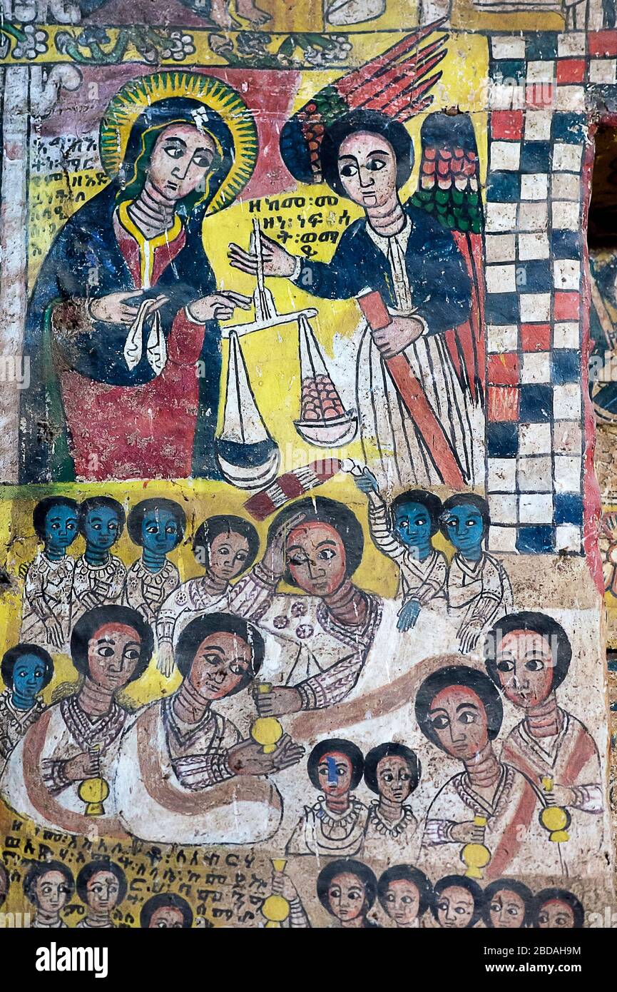 Fresque dans l'église orthodoxe Abreha wa Atsbaha, région de Gheralta, Tigray, Ethiopie Banque D'Images