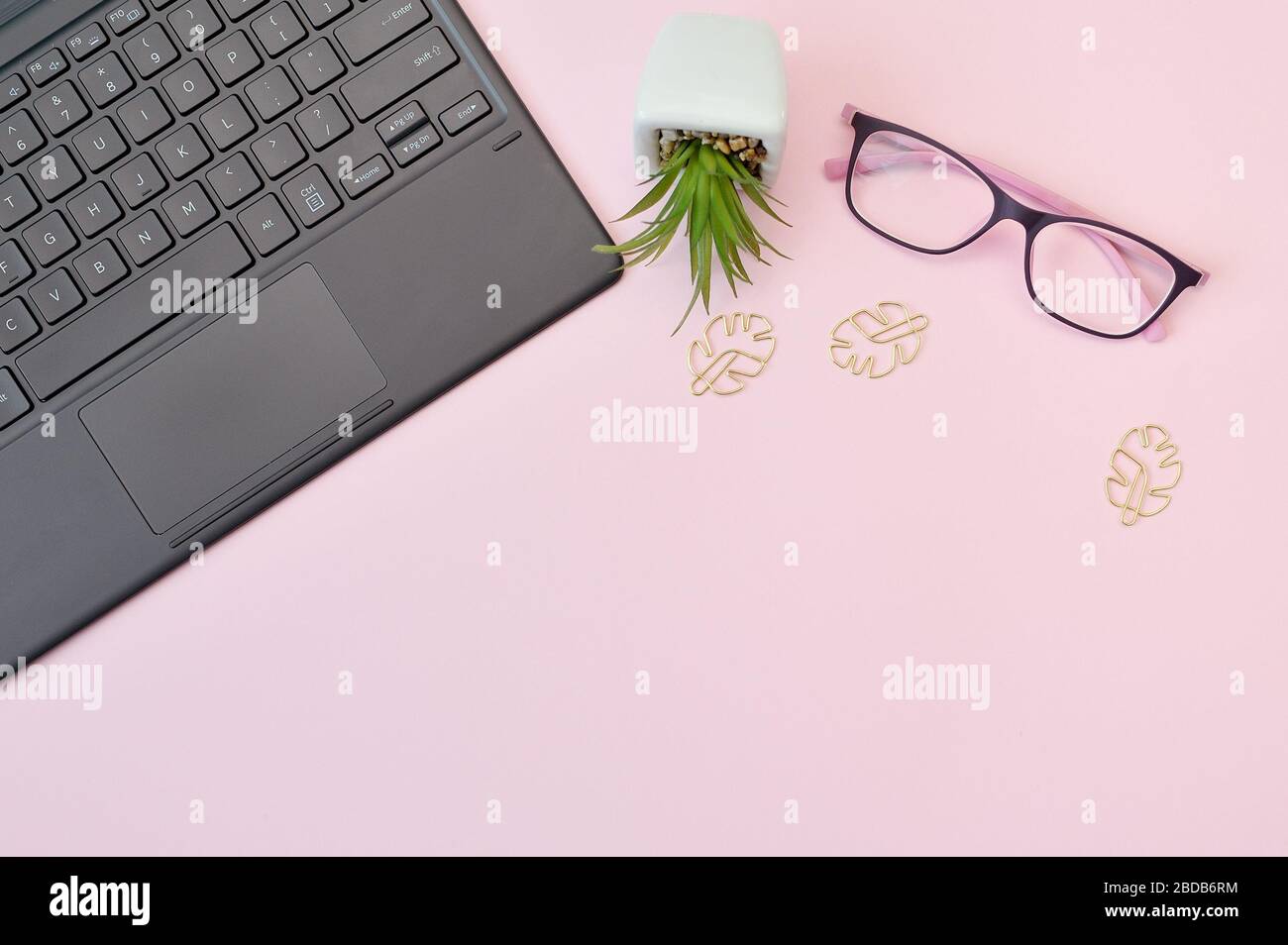 mockup top View éducation à la maison en ligne. Home School avec lunettes et ordinateur portable avec place pour le texte sur fond rose. Travail à distance et éducation Banque D'Images