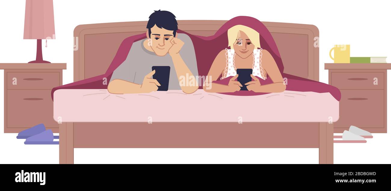 Couple sous couverture avec tête à l'aide de téléphones mobiles semi-plat RVB illustration vectorielle. Surutilisation du gadget. Jeune mari et femme au lit pour discuter, naviguer Illustration de Vecteur