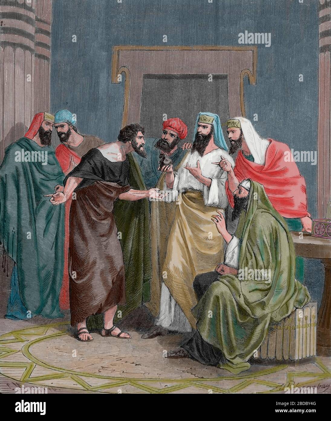 Nouveau Testament. Judas Iscariot faire une affaire avec les prêtres. Gravure, XIXe siècle. Banque D'Images