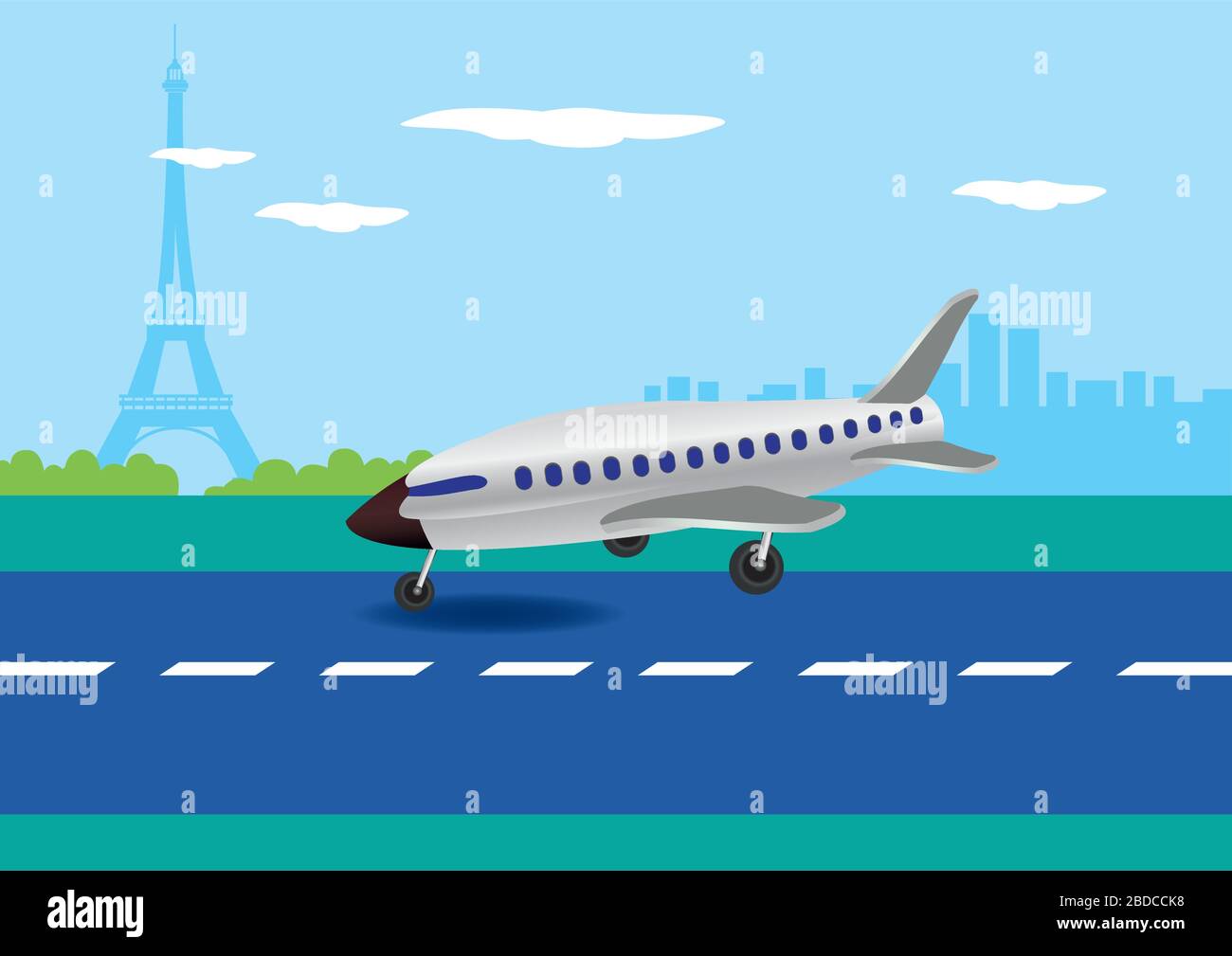 Illustration vectorielle d'un avion touchant sur une piste avec la Tour Eiffel en arrière-plan Illustration de Vecteur