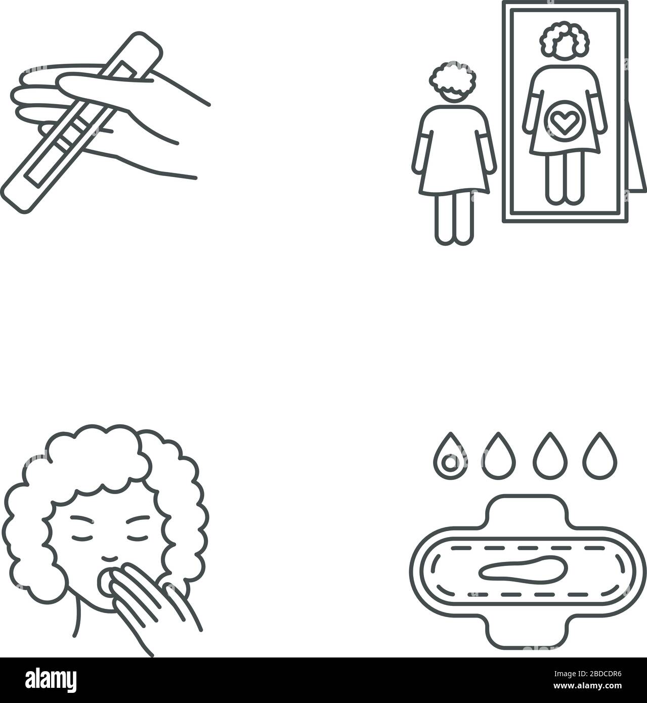Symptôme de grossesse précoce pixel parfait icônes linéaires ensemble. Test positif pour la femme enceinte. Symboles de contour de ligne mince personnalisables. Vecteur isolé Illustration de Vecteur