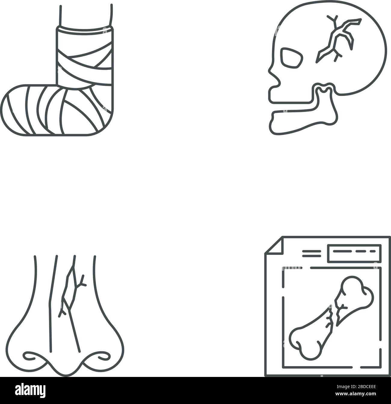 Jeu d'icônes linéaires parfaites pour les blessures des membres et du corps. Pied cassé. Rupture de nez. Crâne blessé. Acquisition de rayons X. Symboles de contour de ligne mince personnalisables Illustration de Vecteur