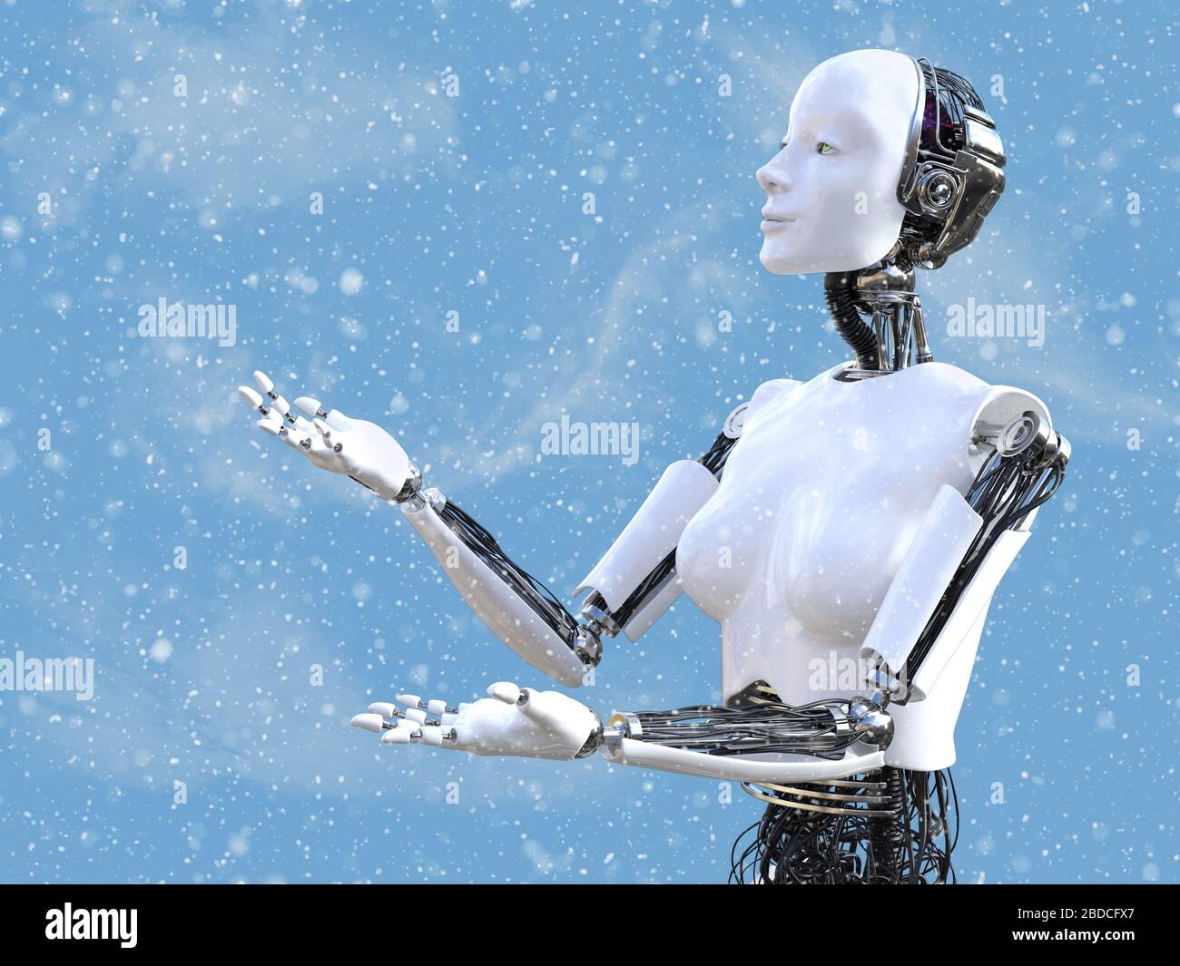 3-3, un robot féminin regardant la neige dans l'air avec ses bras et ses mains dehors pour attraper les flocons de neige tombant du ciel. Banque D'Images