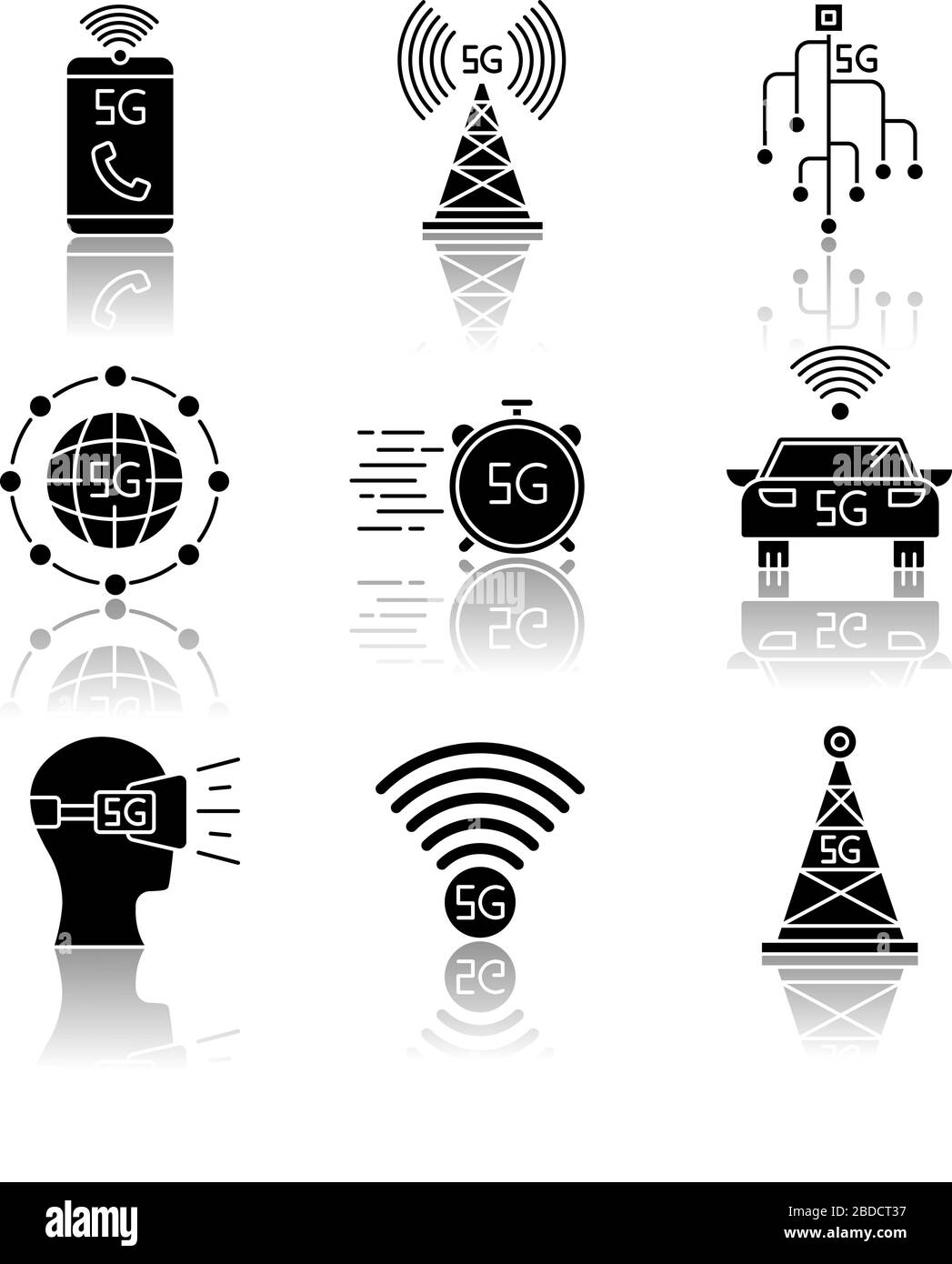 Jeu d'icônes de glyphes noirs à ombre portée de la technologie sans fil 5 G. Tour cellulaire, appels téléphoniques améliorés. Casque VR. Connexion rapide. Réseau cellulaire mobile Illustration de Vecteur