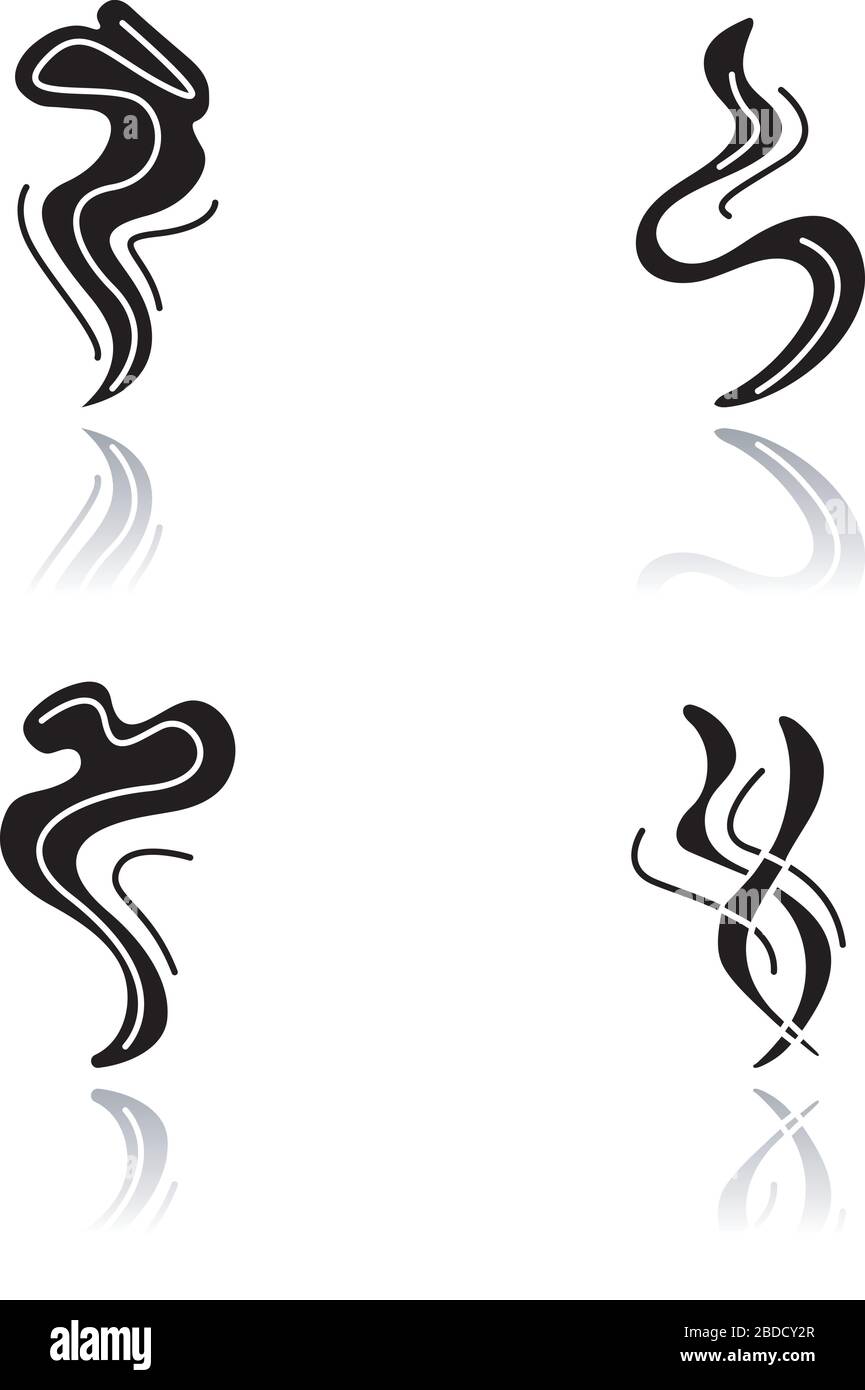 Jeu d'icnes de glyphe noir  ombre porte d'odeur. Bonne odeur. Parfum  fluide et agrable. Courbes d'coulement de parfum aromatique. Bouffe de  fume, boucles de vapeur chaudes, fume Image Vectorielle Stock -