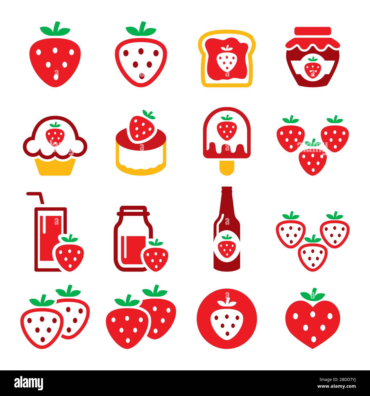 Ensemble d'icônes vectorielles rouges de fruits de fraise - conception saine de nourriture et de boissons, Illustration de Vecteur