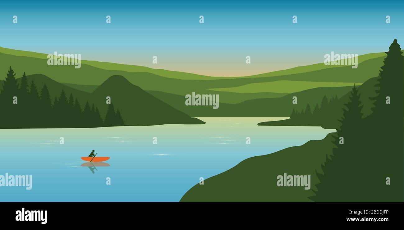 Aventure solitaire en canoë en été avec bateau orange sur l'illustration vectorielle du lac EPS10 Illustration de Vecteur