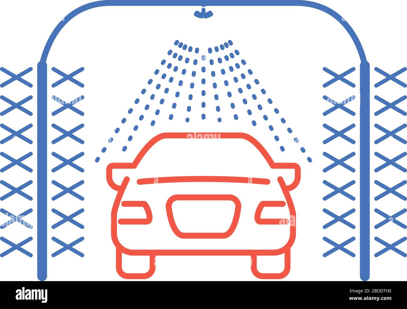 Vue avant de l'icône de lavage automatique de voiture, de la voiture, de l'arroseur et des brosses cylindriques Illustration de Vecteur