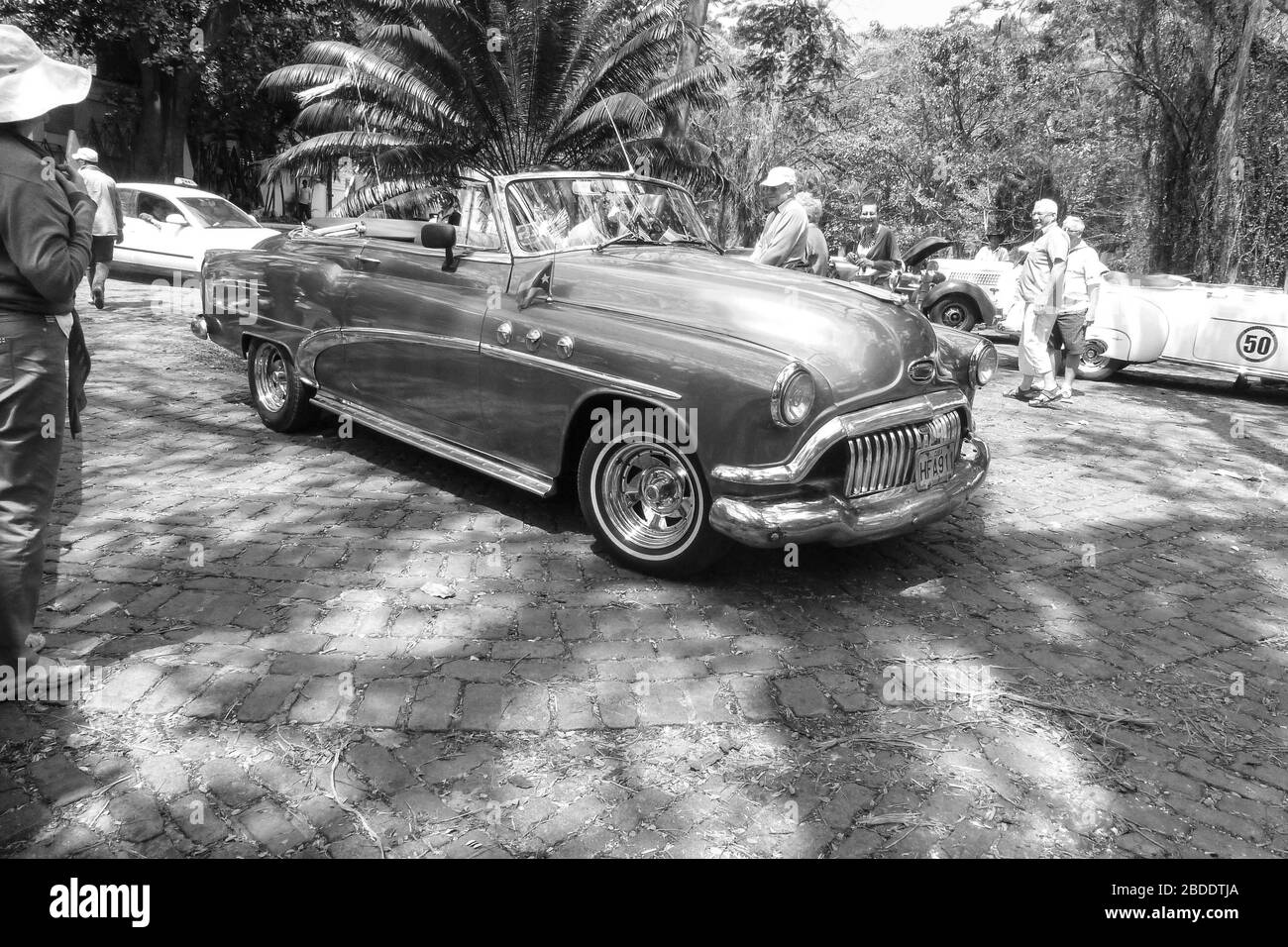 Homme local dans une vieille voiture classique américaine fine à la Havane Cuba dans une Buick Super Cabriolet regarder l'ancien style américain célèbre à l'extérieur palmiers Banque D'Images