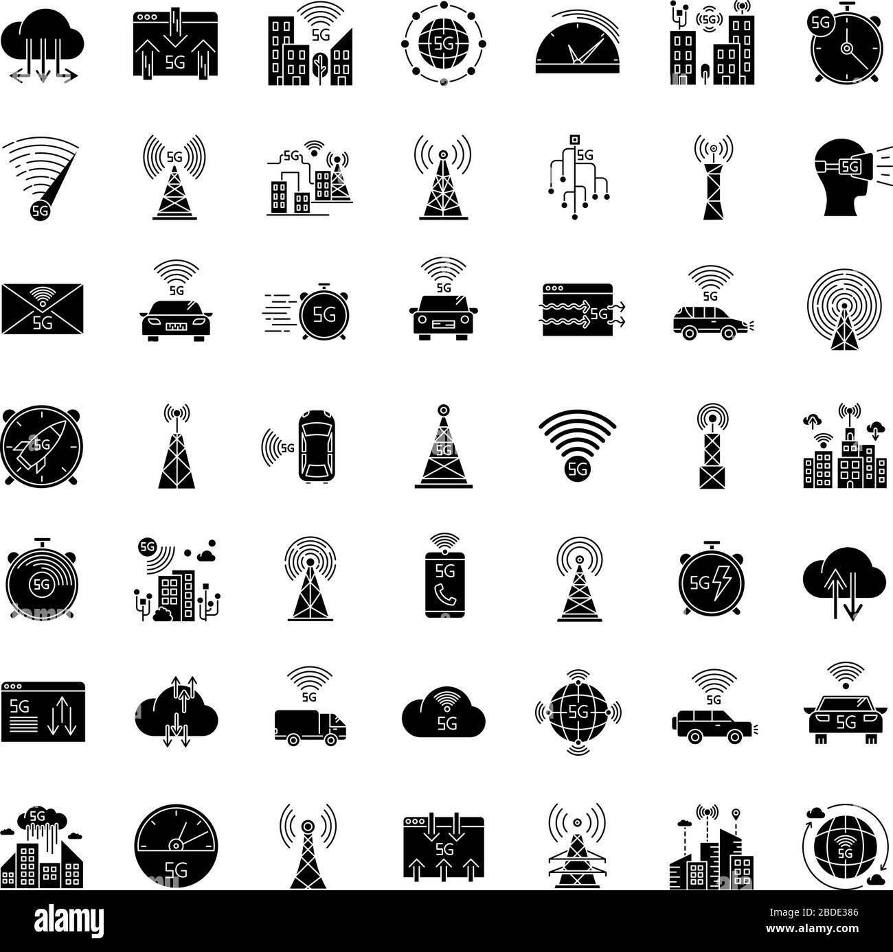 5 G icônes de glyphe noir de technologie sans fil définies sur l'espace blanc. Norme mondiale. Signal Internet amélioré. Réseau cellulaire mobile. Symboles silhouette Illustration de Vecteur