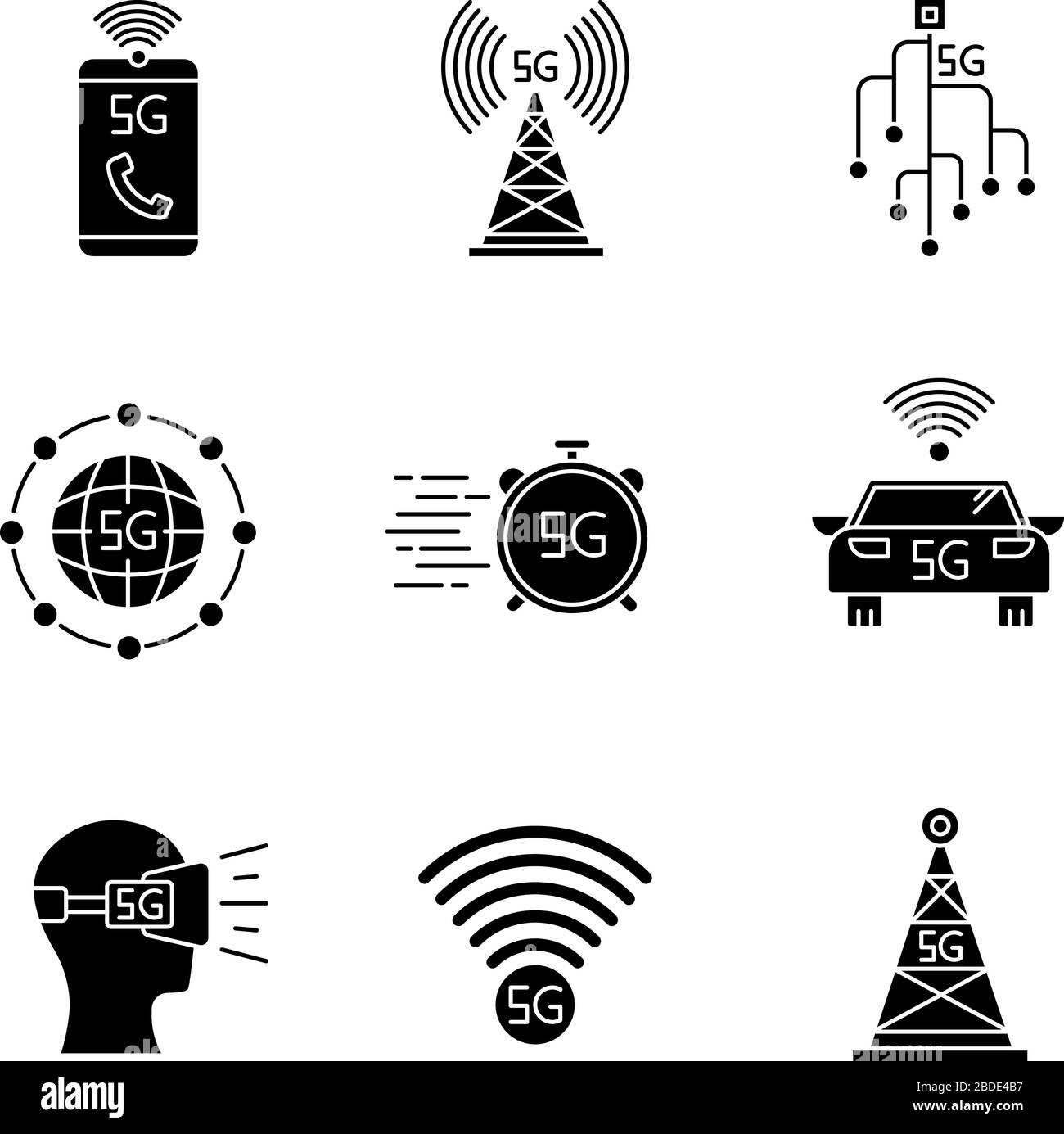 5 G icônes de glyphe noir de technologie sans fil définies sur l'espace blanc. Tour cellulaire, appels téléphoniques améliorés. Casque VR. Connexion rapide. Réseau cellulaire mobile Illustration de Vecteur