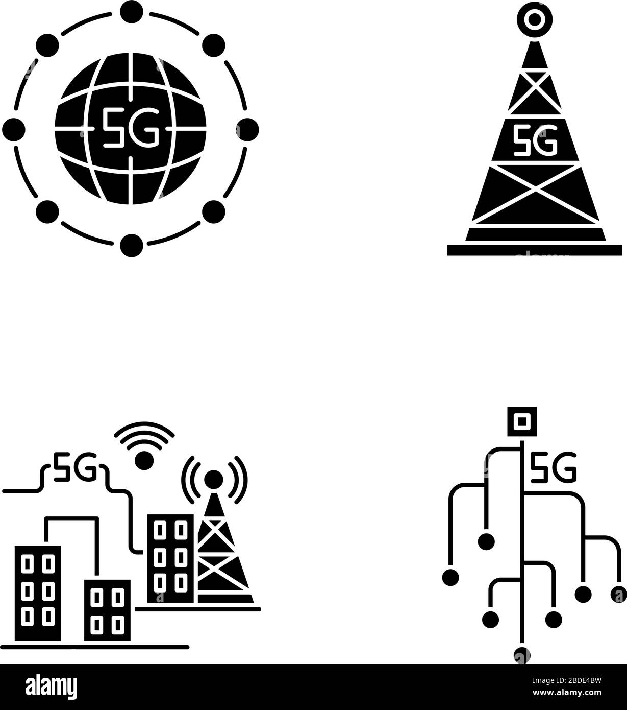 5 G icônes de glyphe noir de technologie sans fil définies sur l'espace blanc. Ville élégante. Microchip. Tour cellulaire. Norme mondiale. Vitesse rapide. Réseau cellulaire mobile Illustration de Vecteur