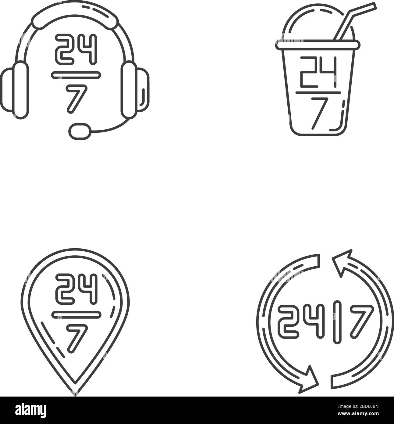 jeu d'icônes linéaires parfaites 24 heures sur 24 pour les pixels de service. Assistance clientèle. Vingt-quatre sept bar ouvert. Symboles de contour de ligne mince personnalisables. Isolé Illustration de Vecteur