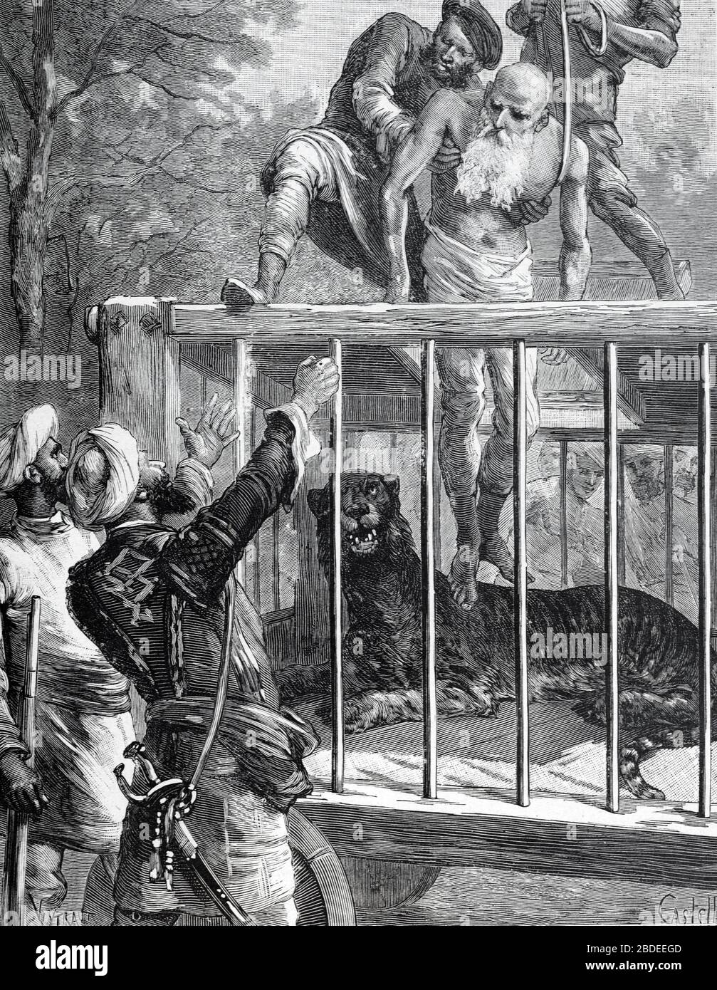 Sorcier indien, Saddhu ou Saint-Homme étant abaissé dans la cage du Lion Inde. Vintage ou ancienne illustration ou gravure 1887 Banque D'Images
