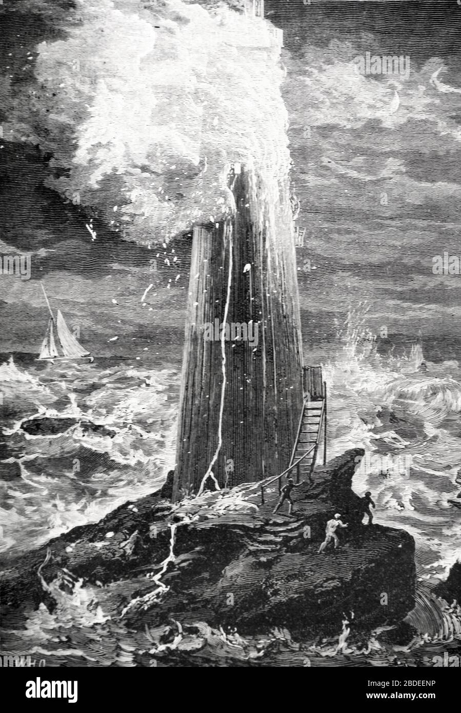 Destruction du phare de Rudyerd ou du phare de Rudyard, construit en 1708/09, détruit par le feu 1755, phare d'Eddystone Cornwall Angleterre Royaume-Uni. Vintage ou ancienne illustration ou gravure 1887 Banque D'Images