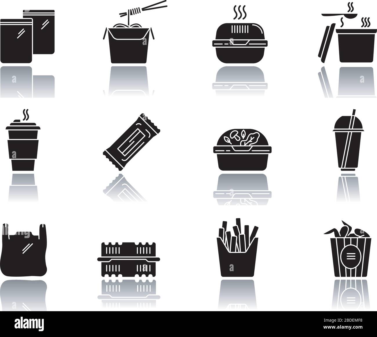 Plats à emporter ensemble d'icônes de glyphe noir ombre goutte. Sortez les récipients de repas, les boîtes pour la livraison. Nouilles, seau d'ailes de poulet, frites Illustration de Vecteur