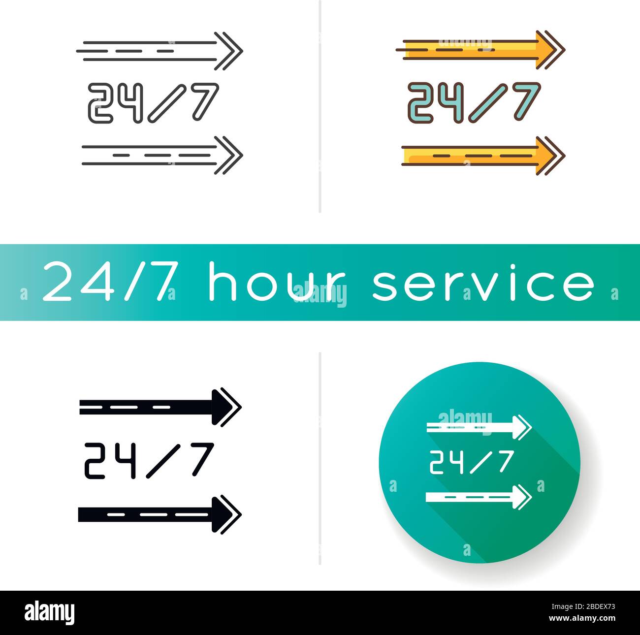 icône de service 24 heures sur 24. Lignes droites sur le panneau. Direction du magasin ouvert toute la journée. Les flèches pointent vers la gauche. Vingt-quatre sept magasins disponibles. Linéaire noir et Illustration de Vecteur