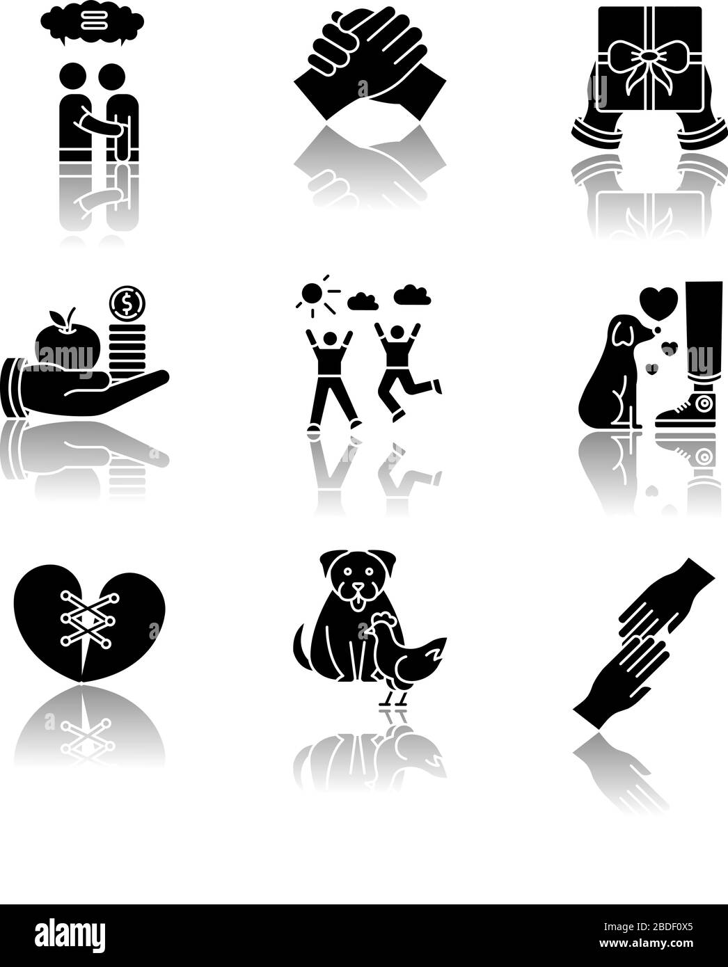 Ensemble d'icônes de glyphes noirs d'ombre d'amitié et de support. Connexion de meilleurs amis. Relations interpersonnelles, symboles de liens amicaux entre les espèces Illustration de Vecteur