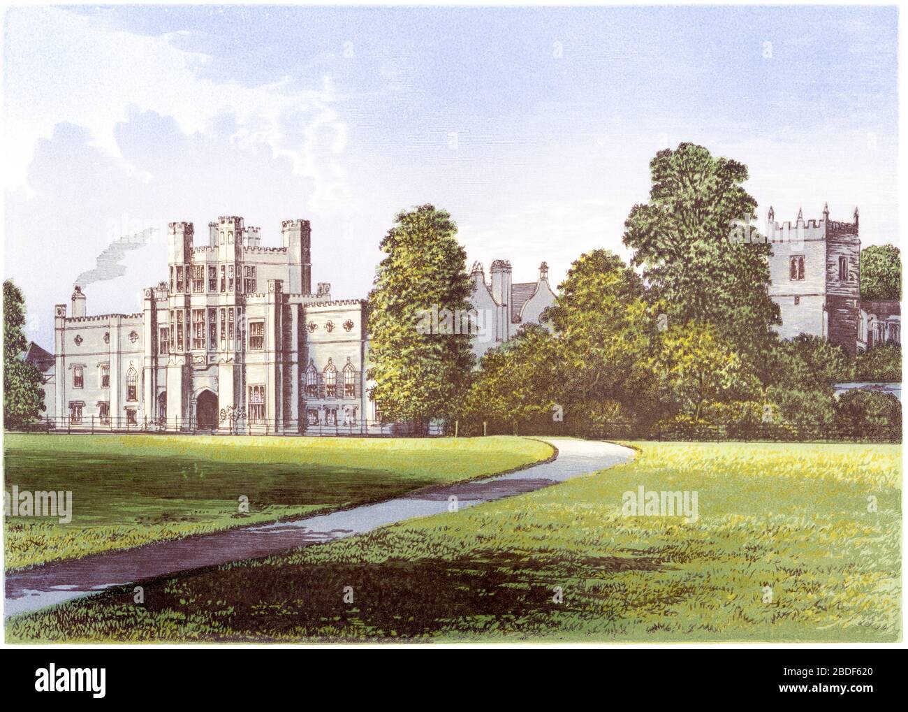 Une illustration colorée de Coughton court, Alcester, Warwickshire, a été numérisée en haute résolution à partir d'un livre imprimé en 1870. Considéré comme libre de droits d'auteur. Banque D'Images