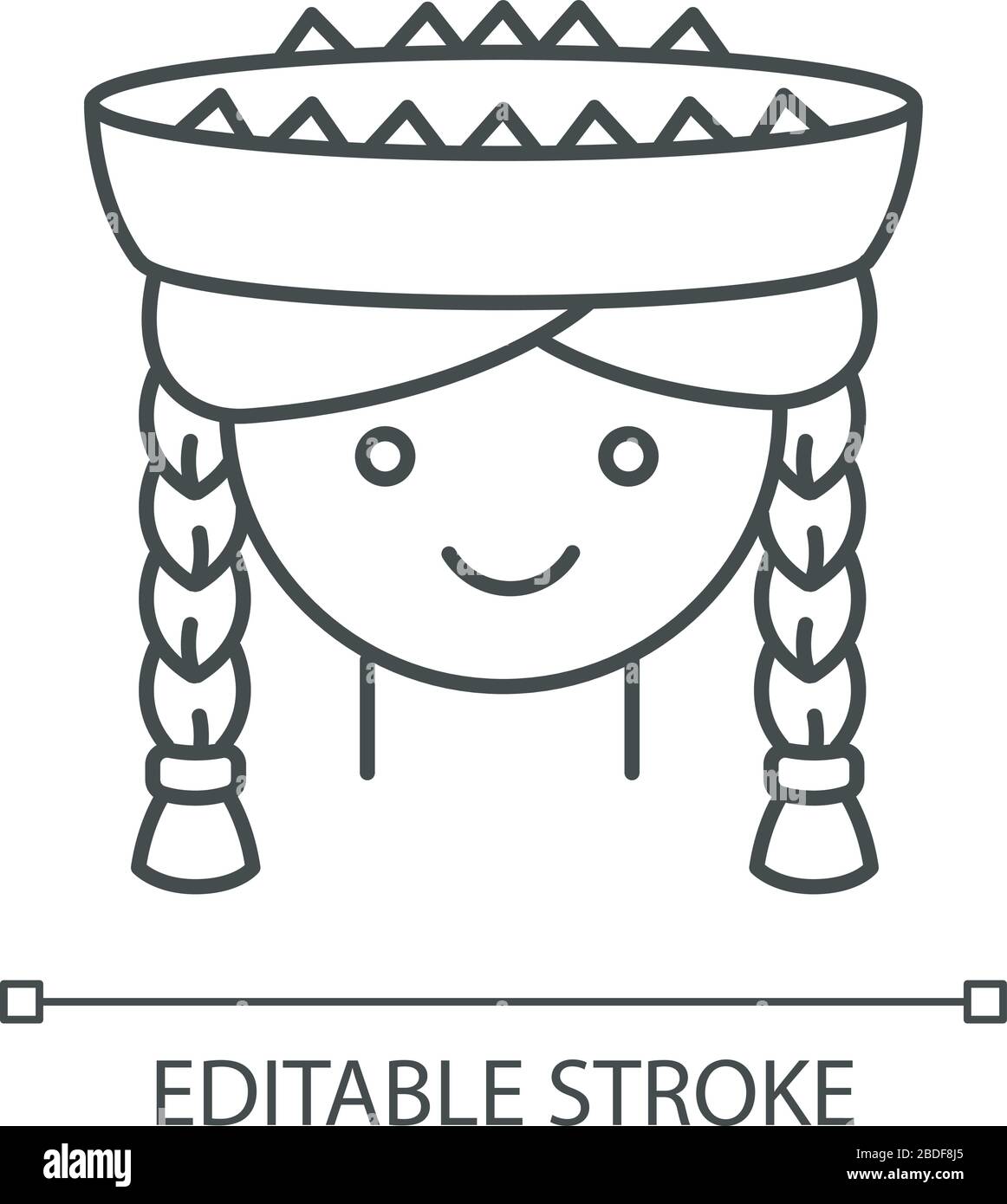 Icône linéaire parfaite de pixel de fille péruvienne. Jolie femme souriante tête dans un chapeau traditionnel. Illustration personnalisable en ligne fine. Symbole de contour. Vecteur Illustration de Vecteur