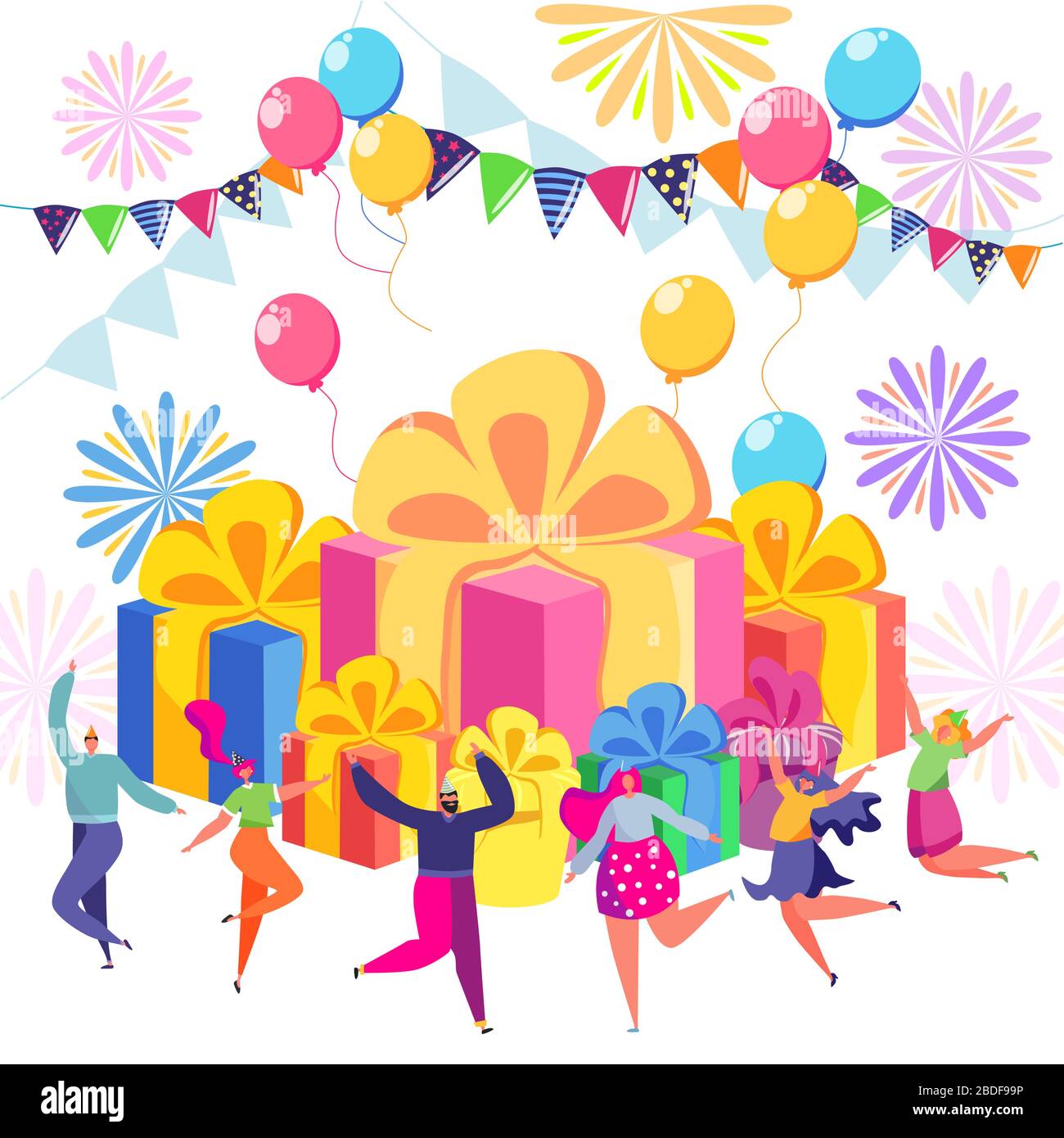 Joyeux Anniversaire Avec Des Amis Anniversaire Confetti Avec De Heureux Personnages De Dessin Anime Plat Image Vectorielle Stock Alamy