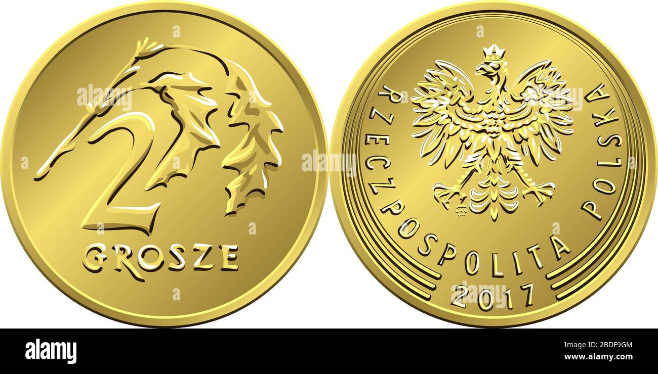 Argent polonais vectoriel deux pièces de cuivre Grosze en arrière avec valeur et 2 feuilles obverses avec aigle en couronne dorée Illustration de Vecteur
