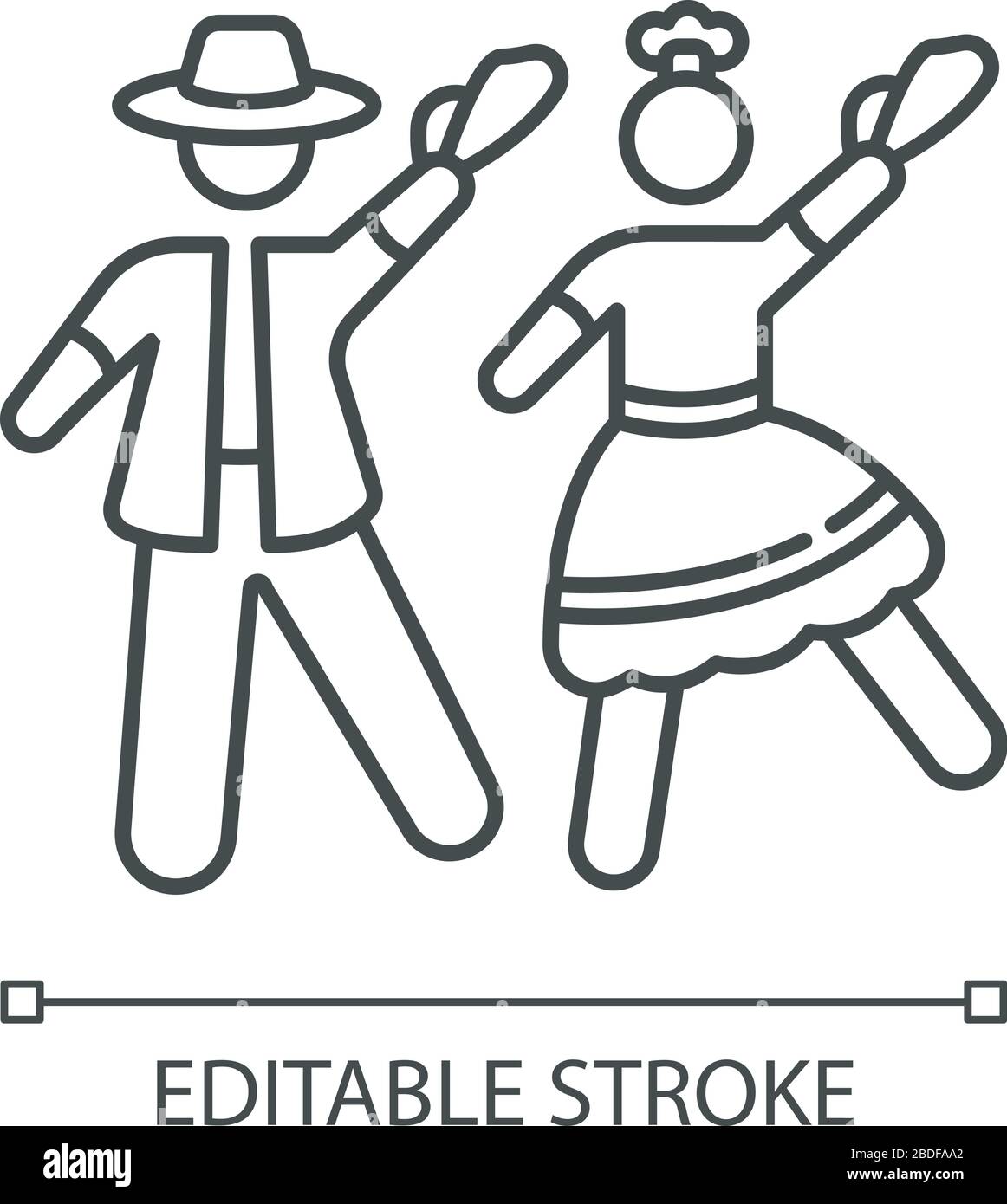 Icône linéaire parfaite de pixels Marinera. Danse de couple traditionnelle péruvienne. Danseurs d'homme et de femme. Illustration personnalisable en ligne fine. Symbole de contour Illustration de Vecteur