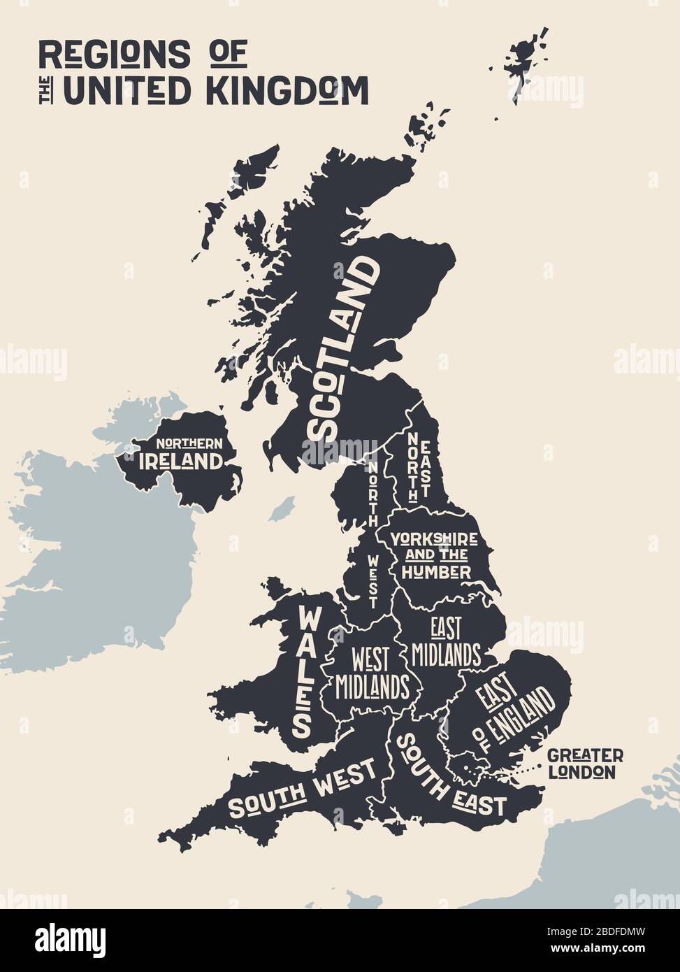 Affiche la carte des régions du Royaume-Uni Illustration de Vecteur