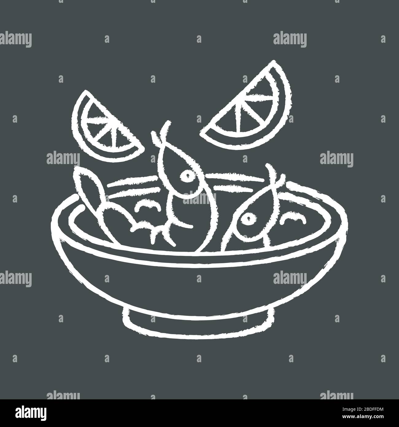 Ceviche craie icône blanche sur fond noir. Plat national péruvien. Soupe de crevettes et de citron. Salade de fruits de mer. Soupe thaïlandaise tom yam. Cuisine latino-américaine Illustration de Vecteur