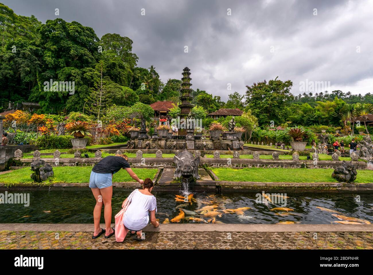 Vue horizontale des touristes nourrissant le poisson au palais d'eau de Tirta Gangga à Bali, Indonésie. Banque D'Images