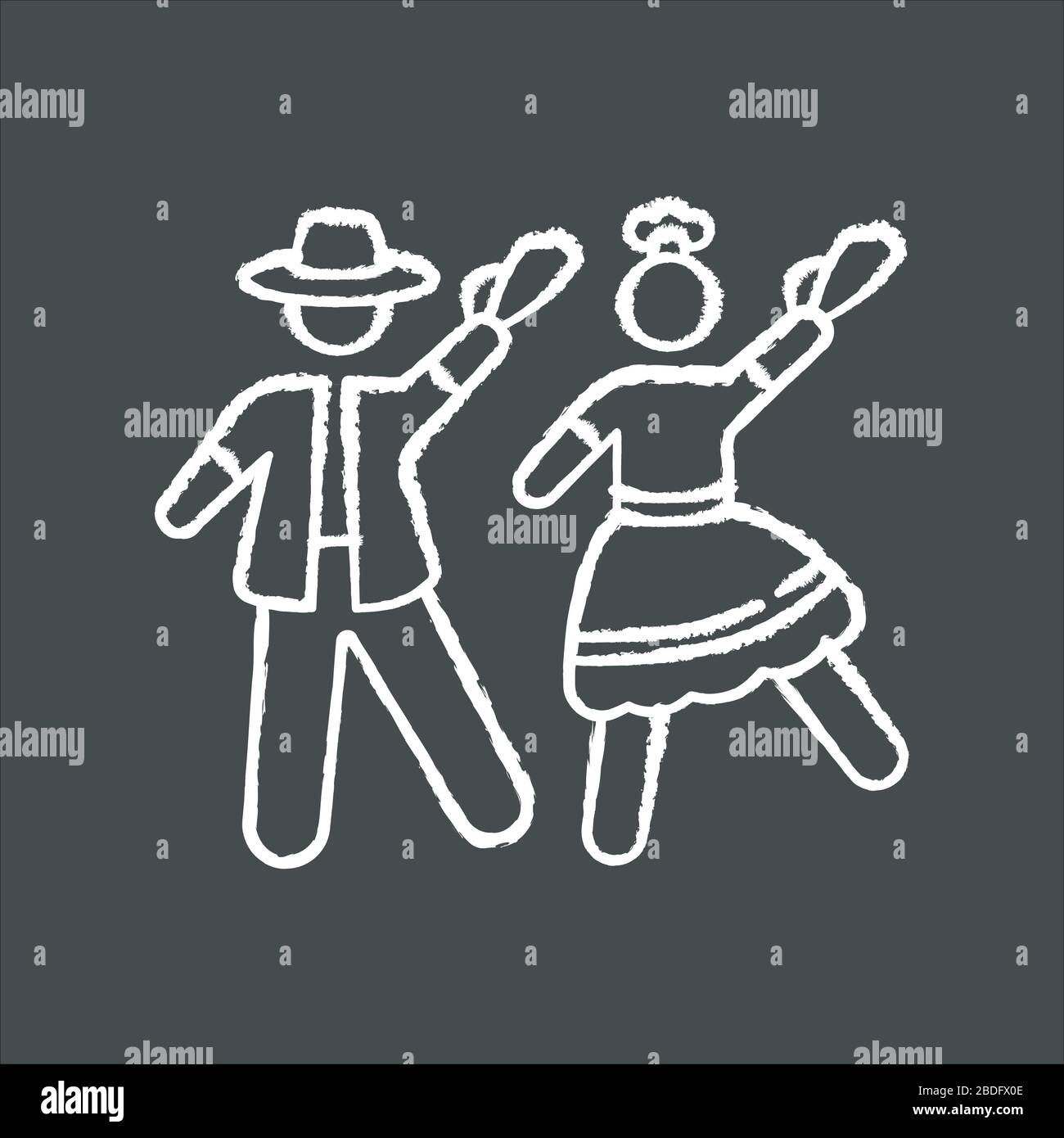 Marinera craie icône blanche sur fond noir. Danse romantique traditionnelle péruvienne couple. Danseurs d'homme et de femme. Festival national de chorégraphie du Pérou Illustration de Vecteur