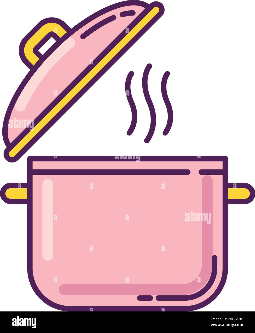 Icône de couleur RVB rose du pot de cuisine. Recette pour casserole. Casserole avec vapeur. Des ustensiles de cuisine mignons. Ouvrez le couvercle du récipient. Soupe bouillante chaude. Préparer le bouillon Illustration de Vecteur