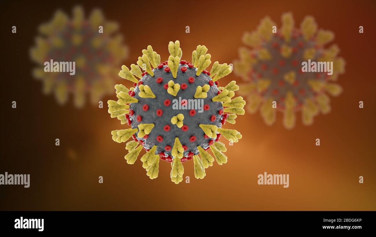 Coronavirus covid-19 germes jaunes avec rayons lumineux rendu tridimensionnel Banque D'Images