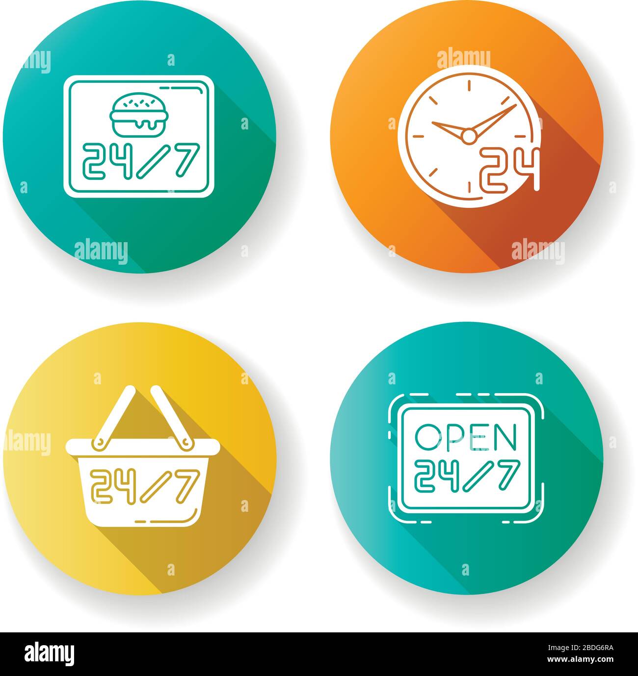 jeu d'icônes de glyphes d'ombre longs à conception plate 24 heures sur 24. Café de hamburgers ouvert tous les jours. restaurant disponible 24 heures sur 24. Ouvert vingt-quatre sept heures Illustration de Vecteur