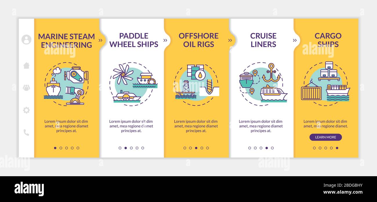Modèle vectoriel d'intégration d'ingénierie marine. Paquebots de croisière. Cargaisons. Livraison de conteneurs par mer. Site Web mobile réactif avec icônes. Page Web Illustration de Vecteur