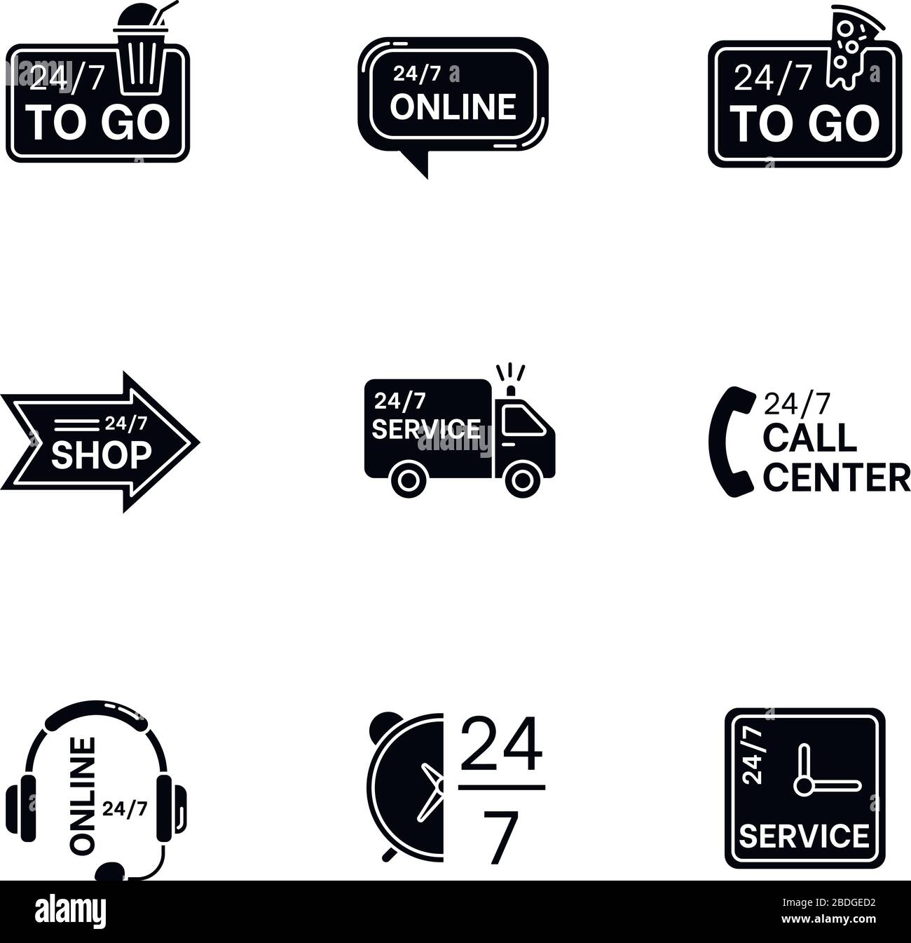 24 icônes de glyphe noir de service de 7 heures définies sur l'espace blanc. Assistance client 24 heures sur 24 en ligne. Livraison quotidienne disponible. Panneau du chariot de transport Illustration de Vecteur