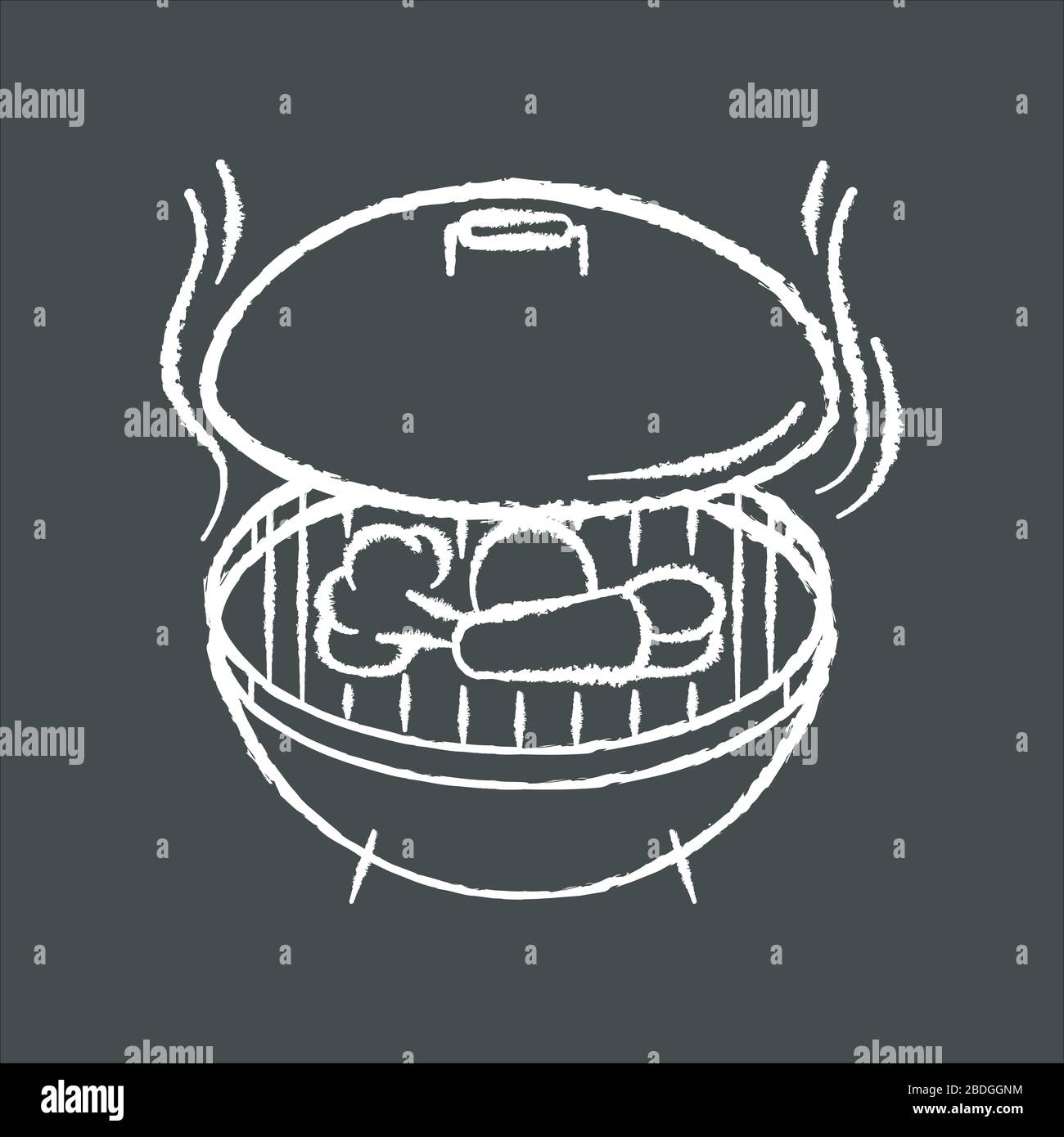 Icône blanche de craie de cuisson sur fond noir. Processus de préparation du barbecue, cuisine sur grille chauffée. Méthode culinaire, pique-nique. Légumes rôtis Illustration de Vecteur