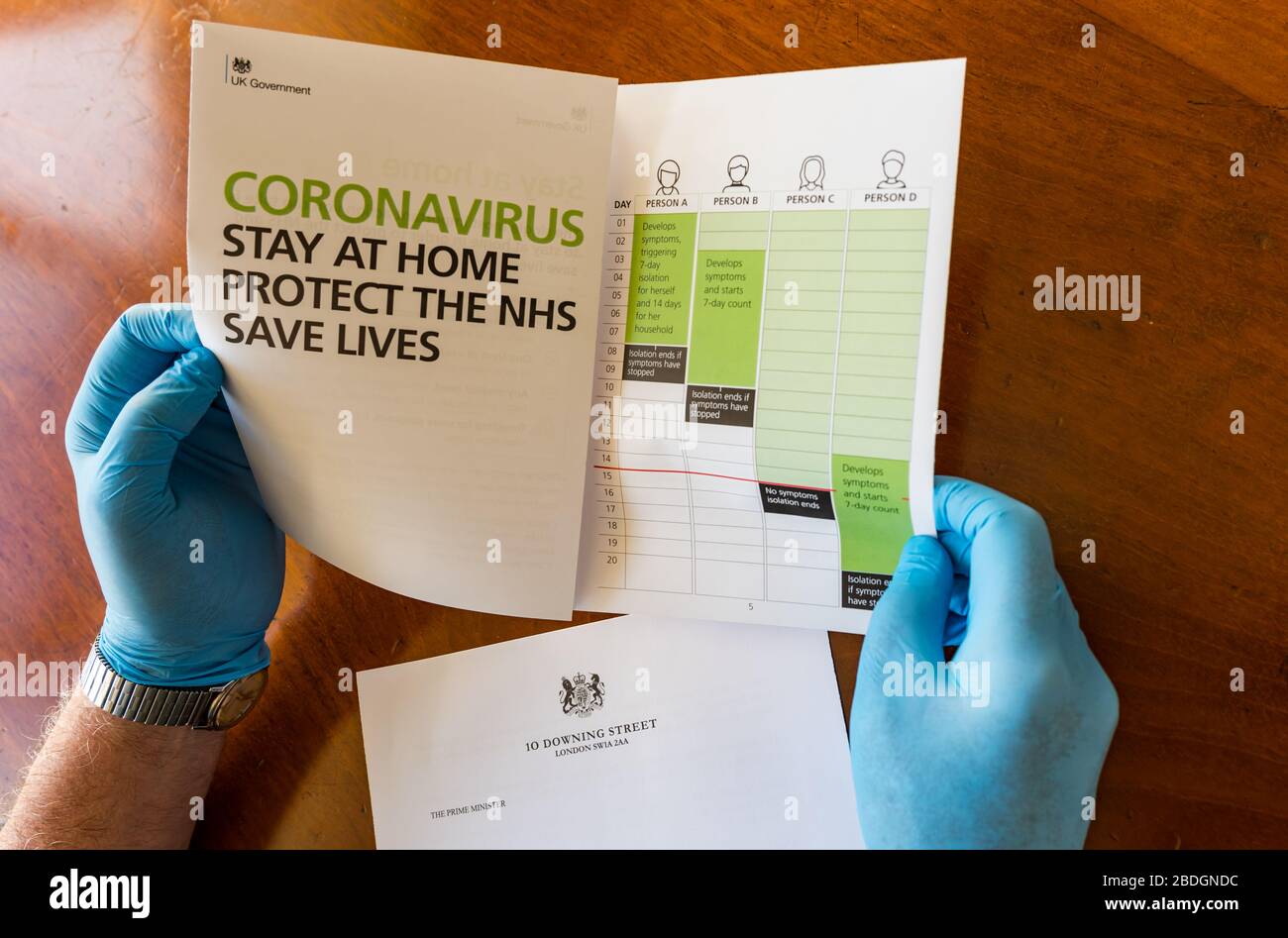 Homme portant des gants chirurgicaux tenant la brochure d’information gouvernementale de HM sur le coronavirus COVID-19 pendant la pandémie pour protéger le NHS, Royaume-Uni Banque D'Images