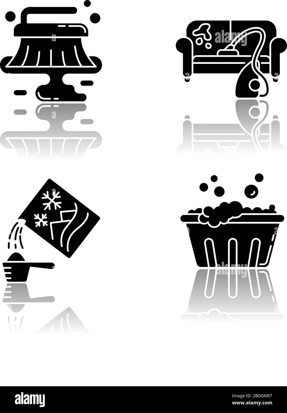 Jeu d'icônes de glyphe noir ombre de DROP de service de nettoyage. Élimination des taches, nettoyage humide au sol et nettoyage à sec du mobilier. Lavage à la main, lessive en poudre et lavabo Illustration de Vecteur
