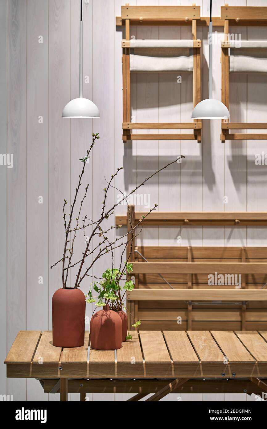 Chambre lumineuse avec mobilier en bois et plantes Banque D'Images